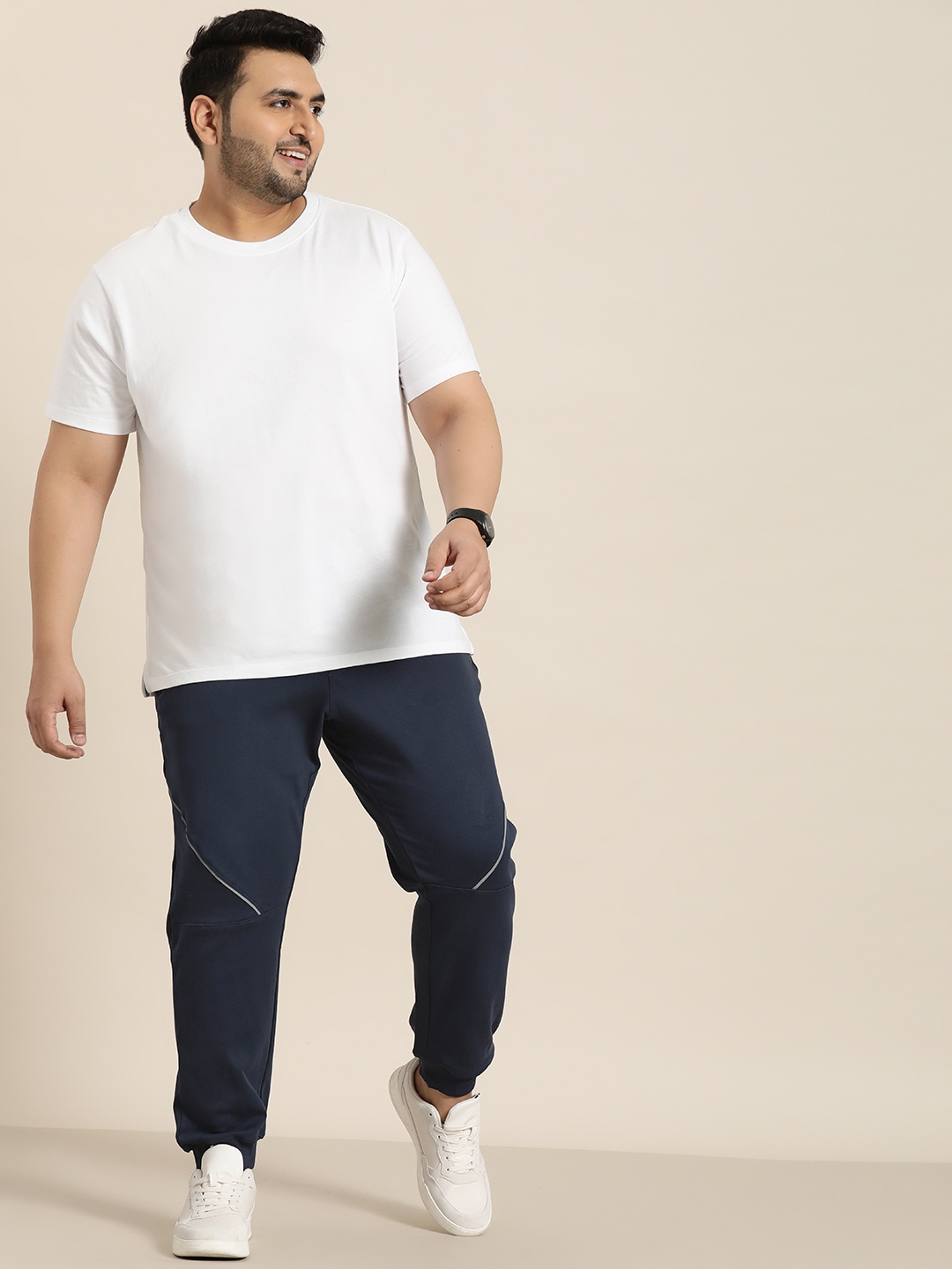 

Sztori Men Plus Size Pure Cotton Solid Joggers with Reflective Stripes, Navy blue