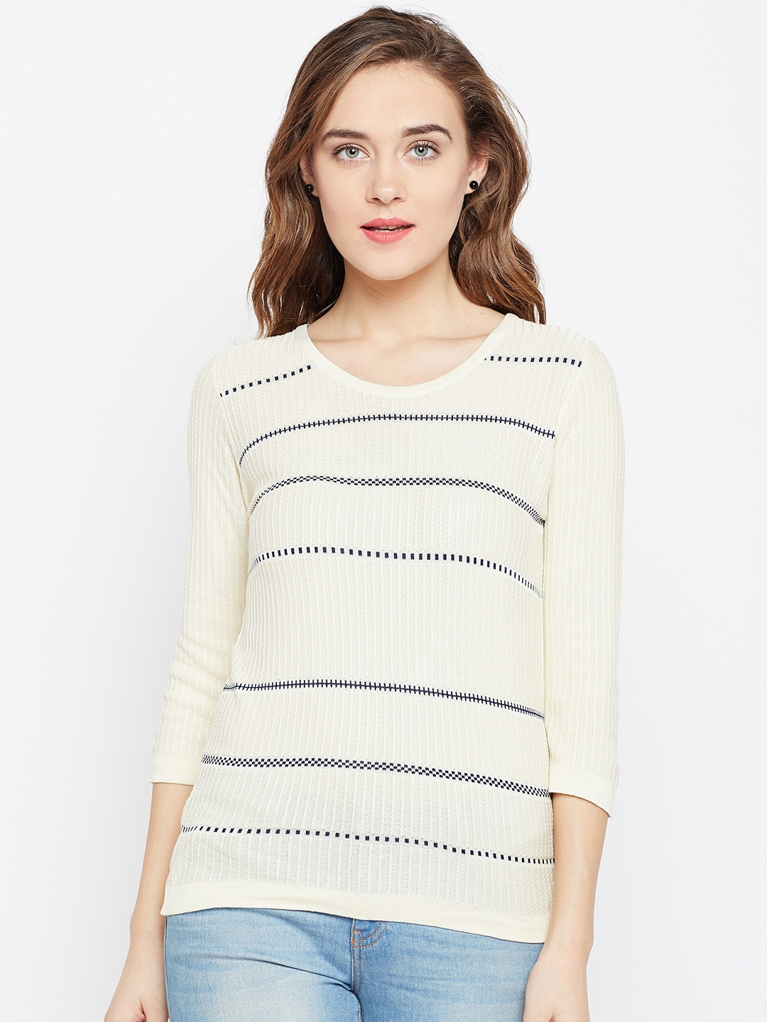 

Wills Lifestyle Women Cream-Coloured Self-Design Fitted Top