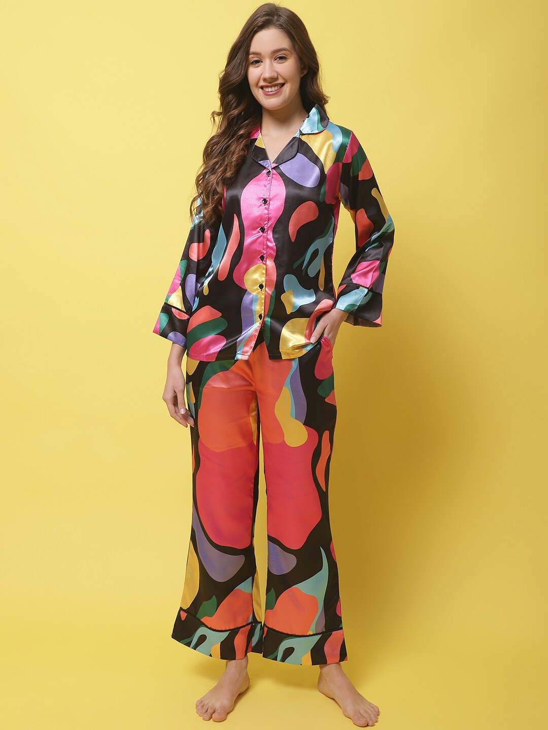 

Claura Abstract Printed Satin Night Suit, Black