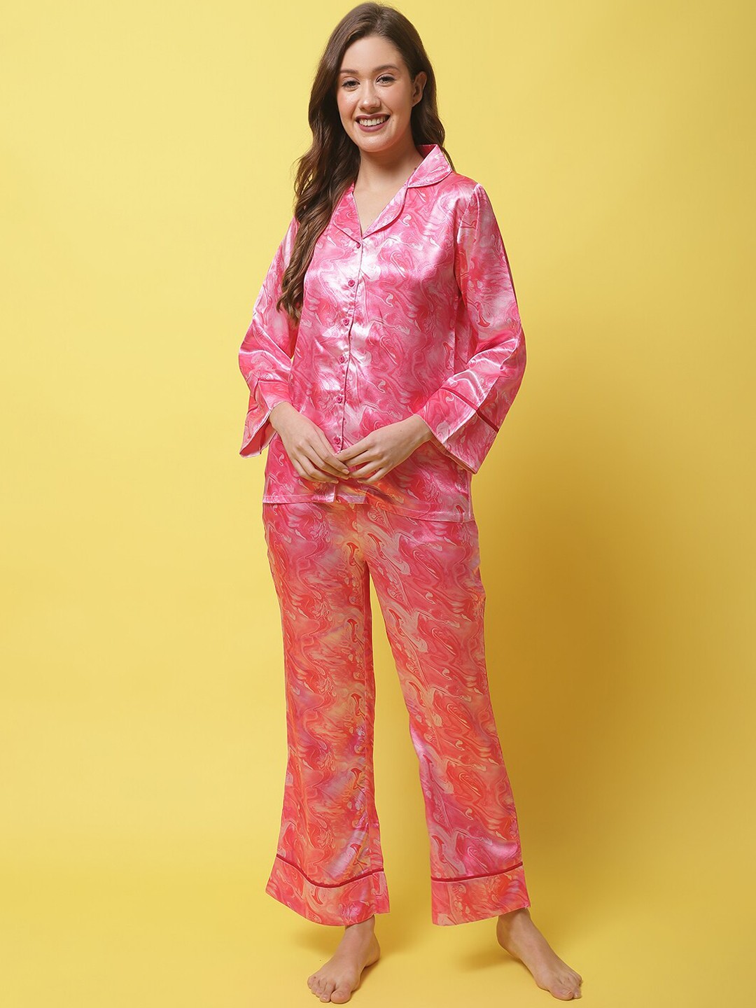 

Claura Abstract Printed Satin Night Suit, Pink