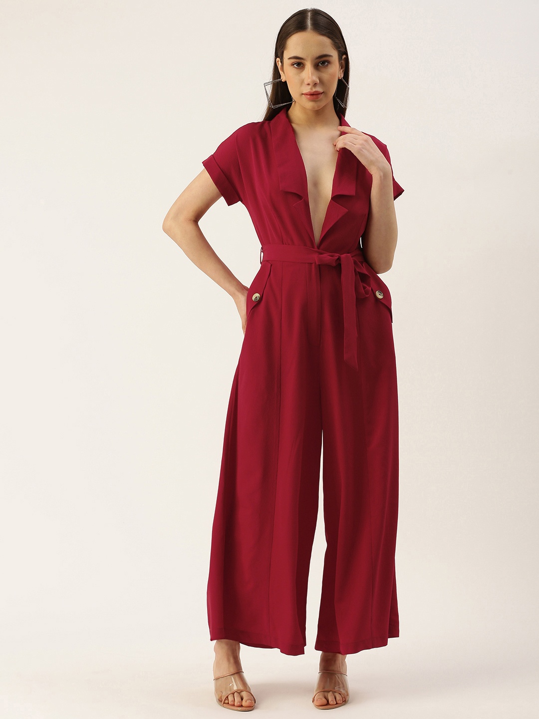 

QUIERO V-Neck Basic Jumpsuit, Maroon