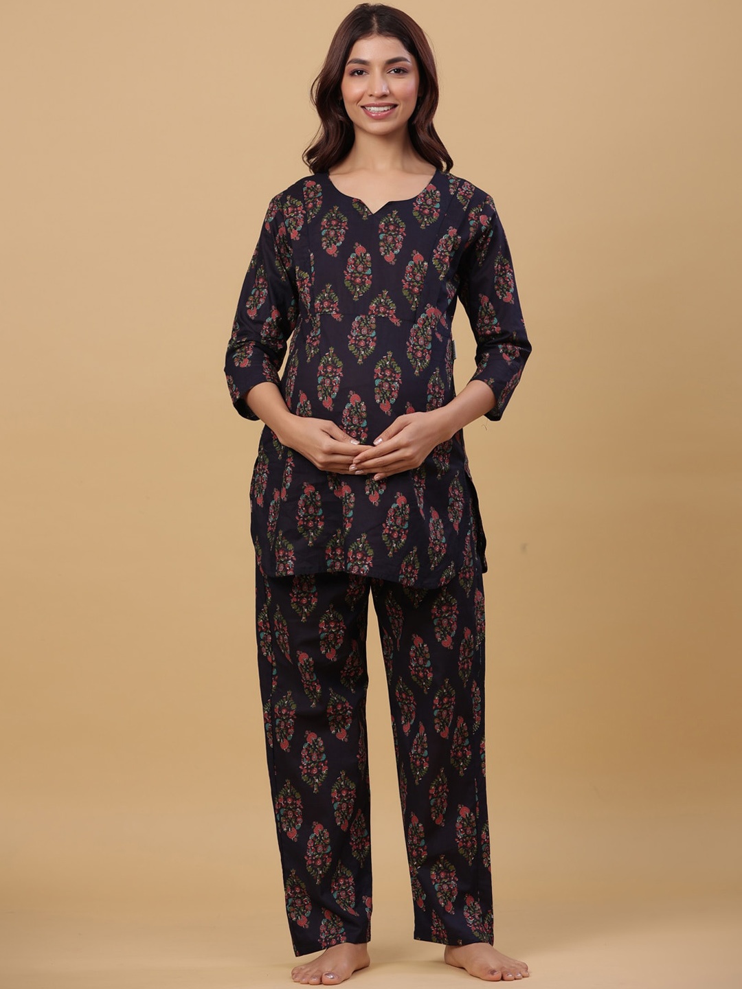 

CRAFIQA Ethnic Motifs Printed Pure Cotton Maternity Night Suit, Blue
