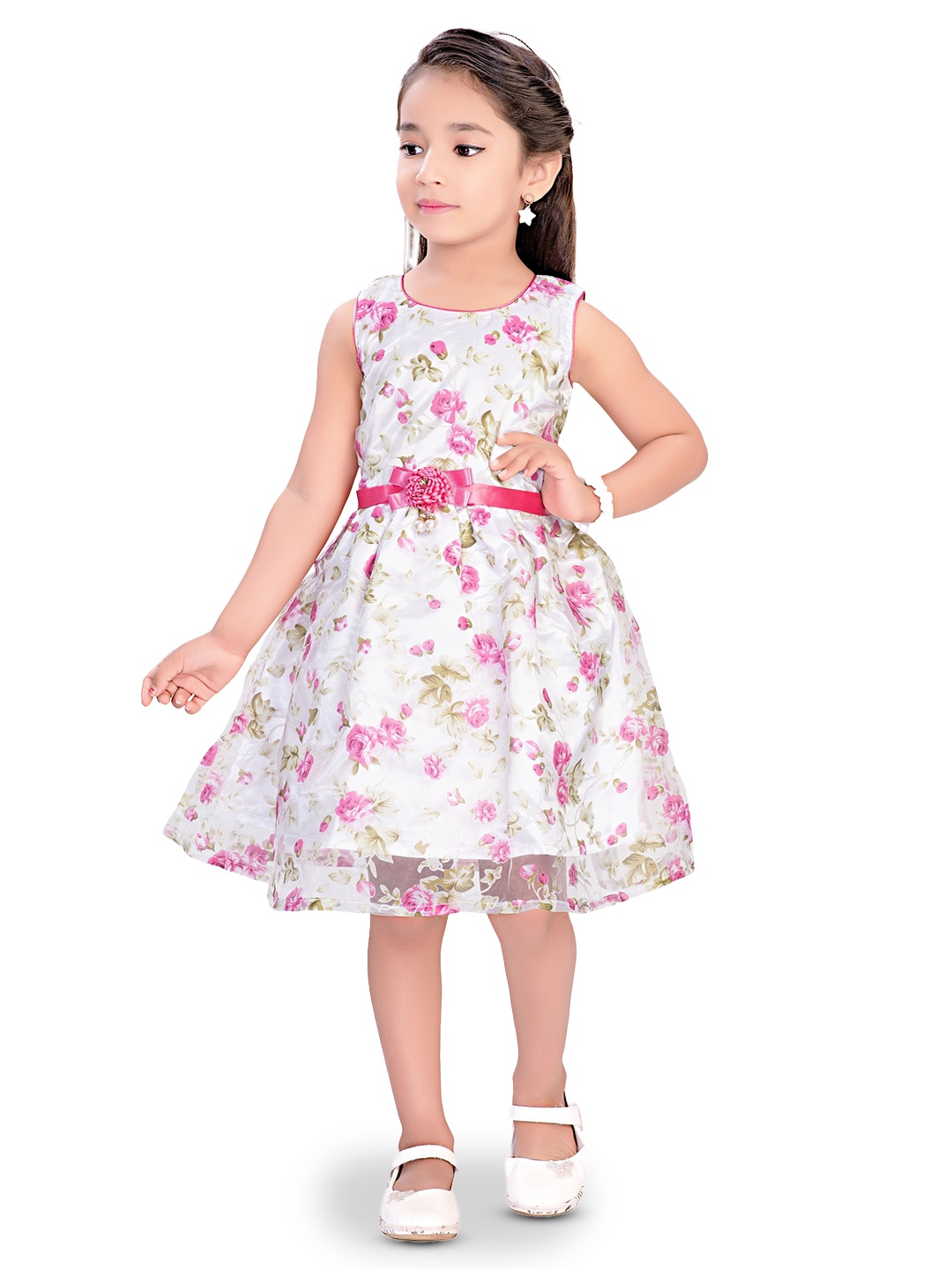 

Doodle Girls Floral Printed Round Neck Fit & Flare Dress, Pink