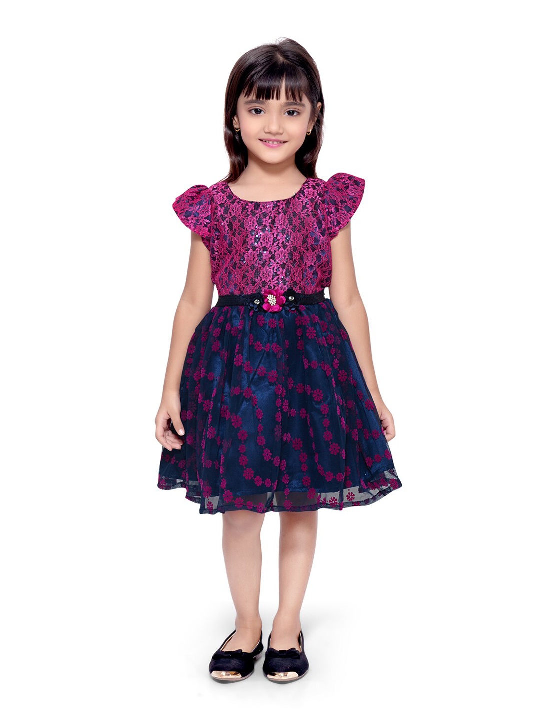 

Doodle Girls Self Design Floral Cap Sleeves Net Dress, Navy blue