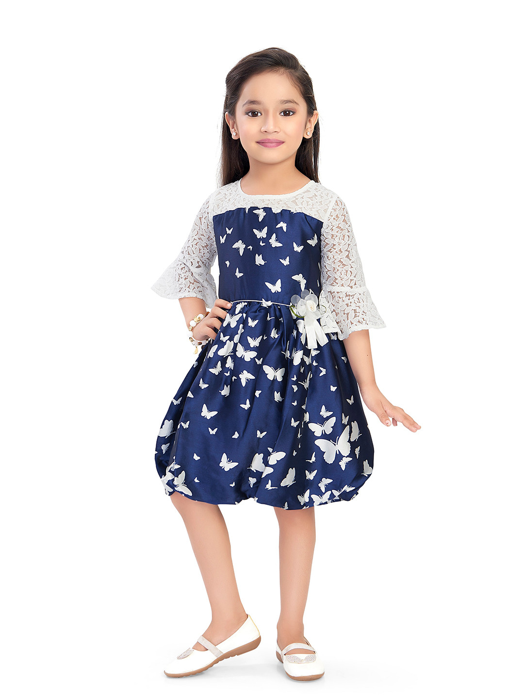 

Doodle Girls Bell Sleeves Laced Printed Satin Dress, Navy blue