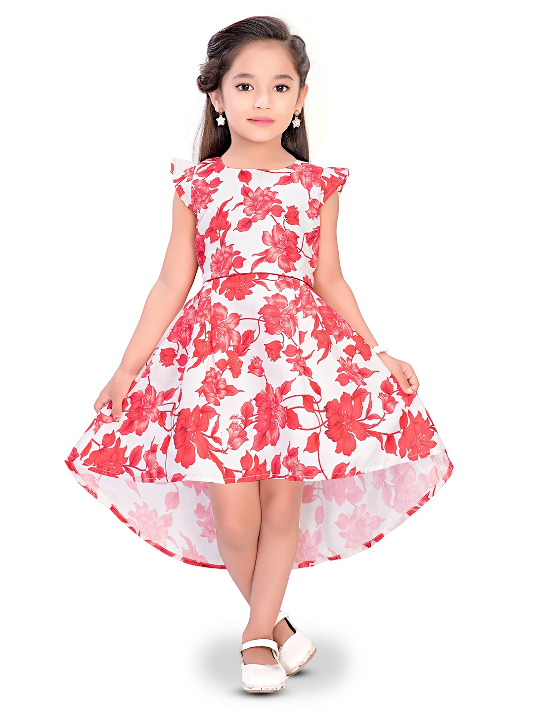 

Doodle Girls Floral Printed Satin Fit And Flare Dress, Off white