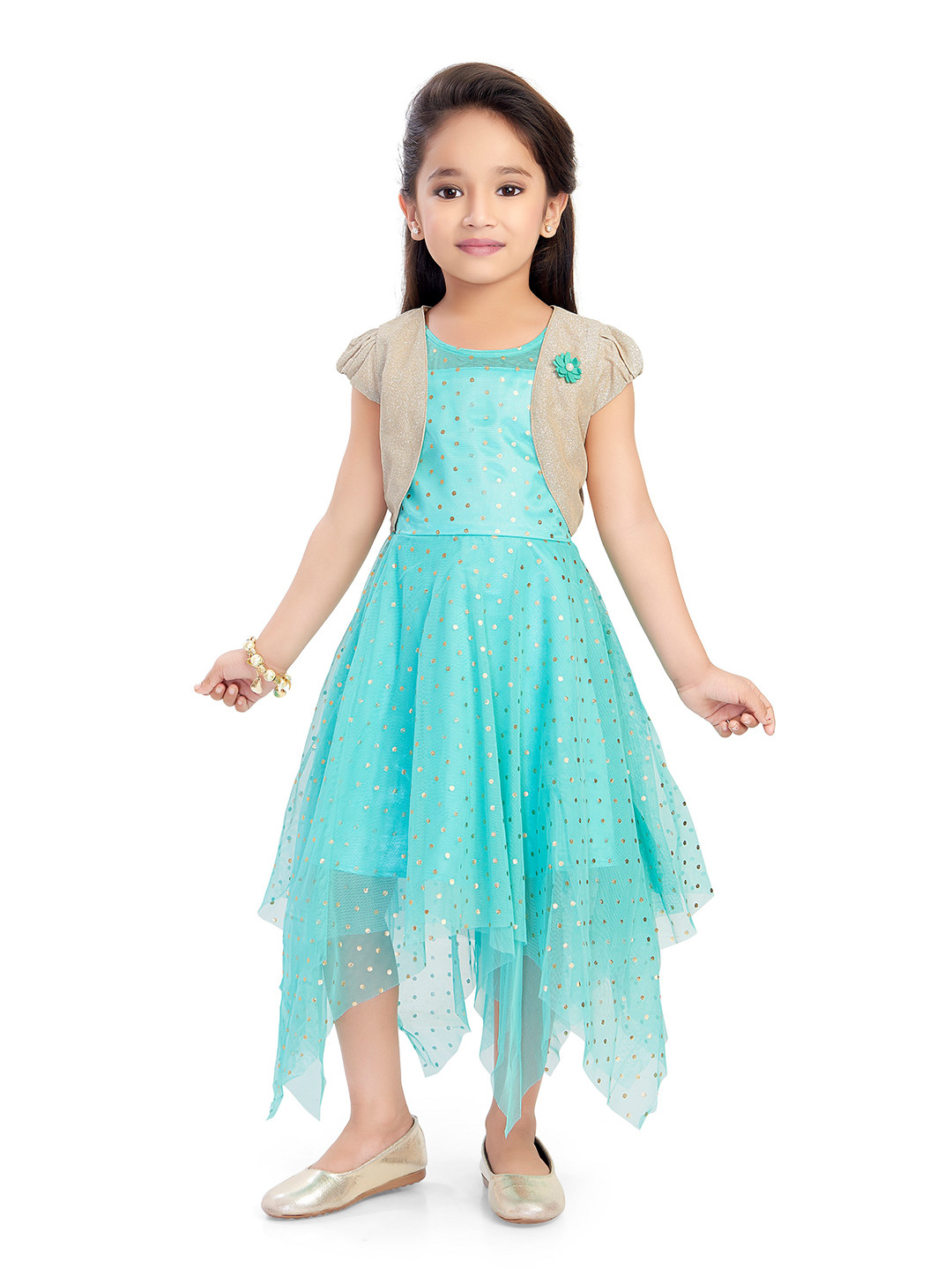 

Doodle Girls Asymmetric Hem Net Midi Dress With Open Front Jacket, Sea green