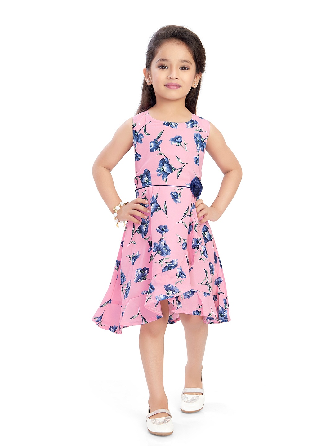 

Doodle Girls Floral Printed Satin A-Line Dress, Pink