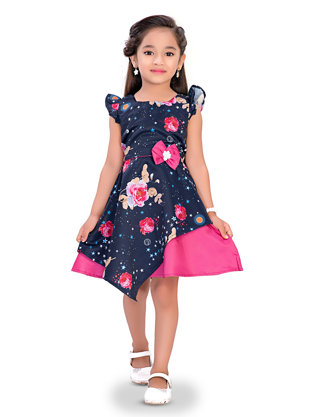 

Doodle Girls Floral Printed Satin Dress, Navy blue