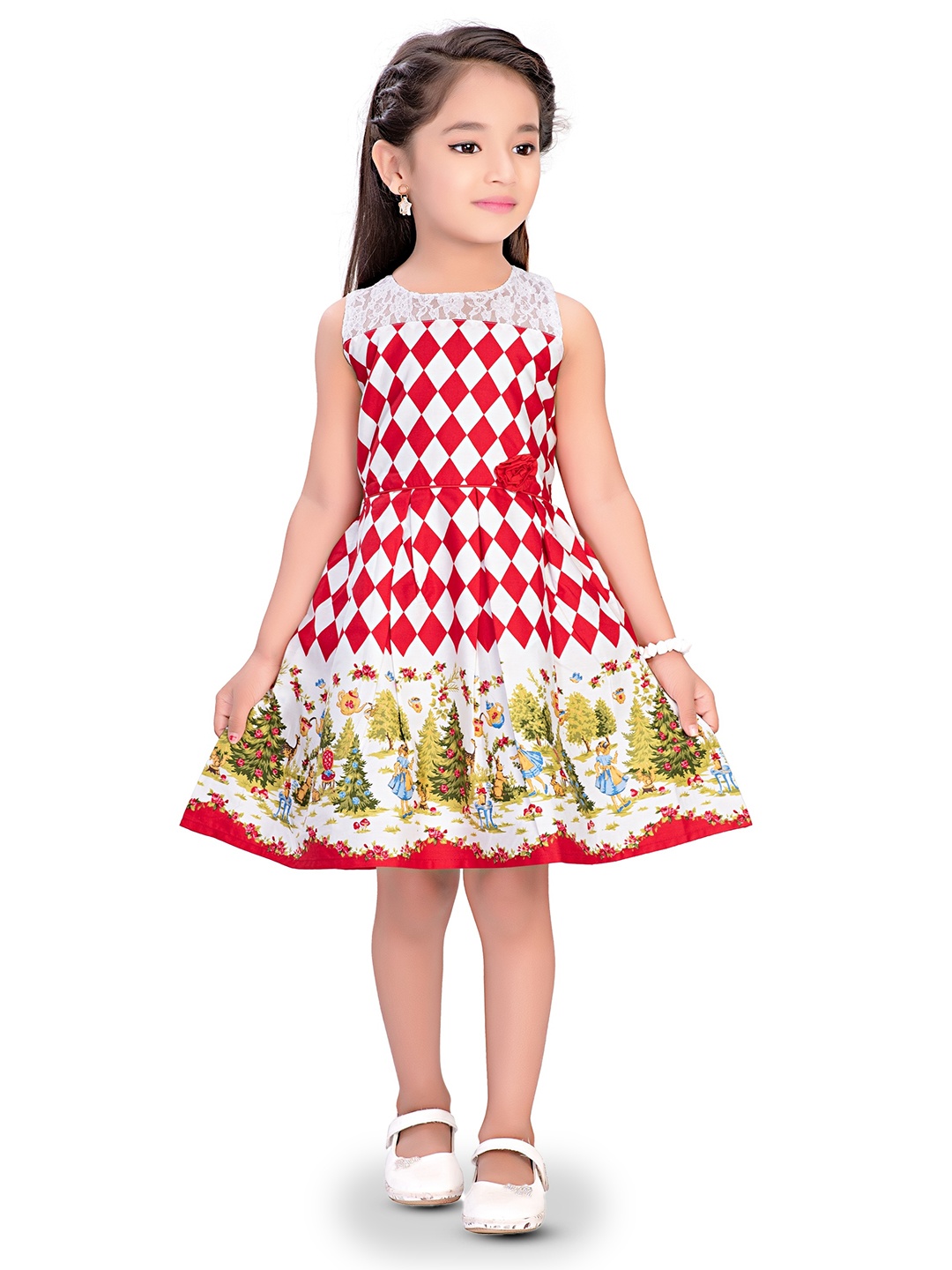 

Doodle Girls Geometric Printed Sleeveless Cotton A-Line Dress, Red
