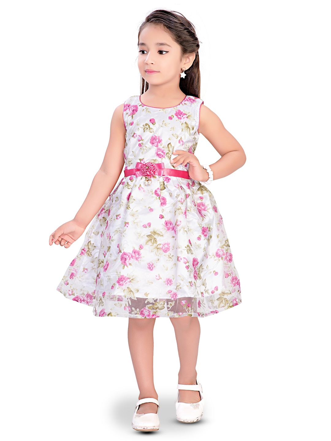

Doodle Floral Net Fit & Flare Dress With Corsage, Pink