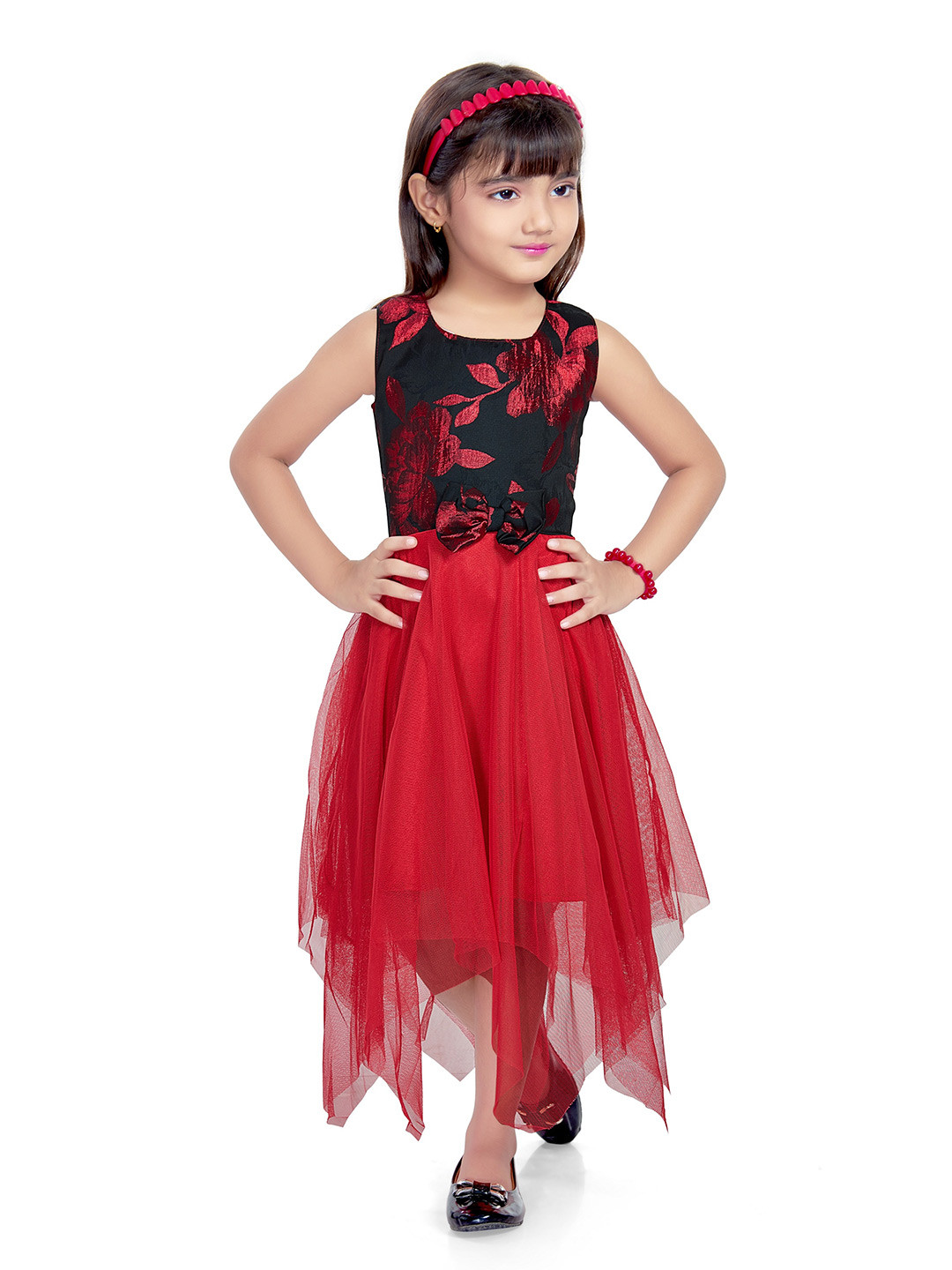 

Doodle Girls Floral Printed Bow Detail Asymmetric Midi Fit & Flare Dress, Red