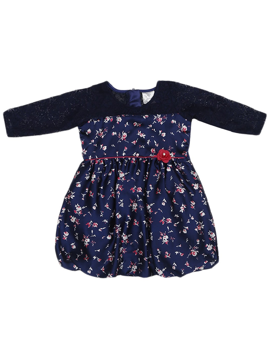

Doodle Girls Floral Printed Round Neck A-Line Satin Dress, Navy blue