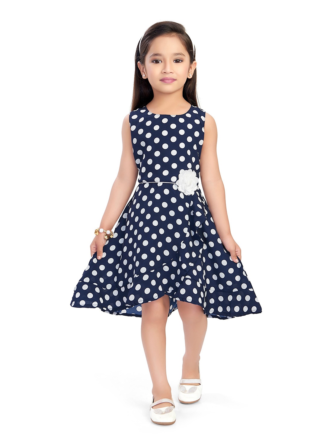 

Doodle Girls Polka Dots Printed Satin Fit-Flare Dress, Navy blue