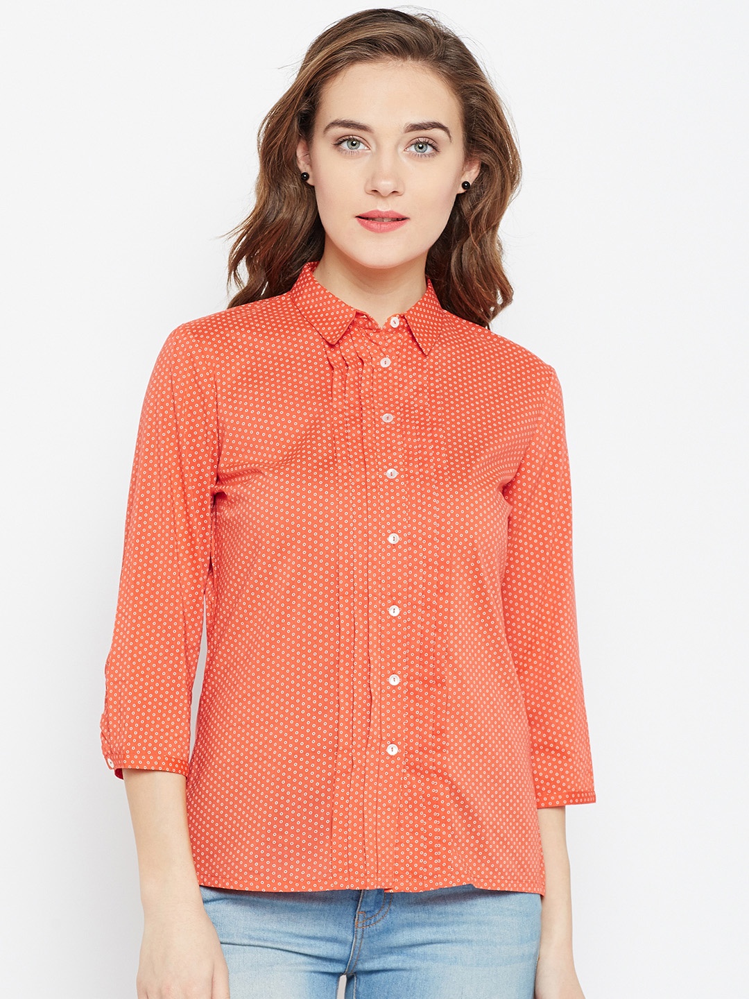 

Wills Lifestyle Women Orange & White Regular Fit Printed Casual Shirt