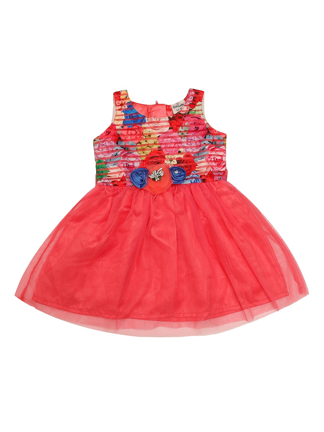 

Doodle Girls Floral Printed Waist Tie Ups Net Dress, Coral