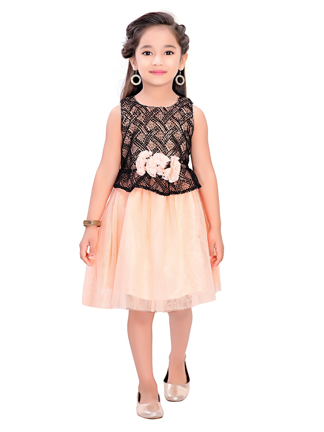 

Doodle Girls Self Design Floral Fit & Flare Net Dress, Peach