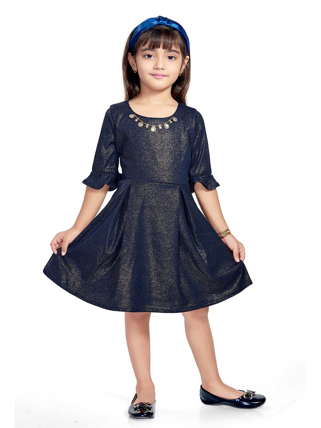 

Doodle Embellished Round Neck Bell Sleeves Fit & Flare Dress, Navy blue