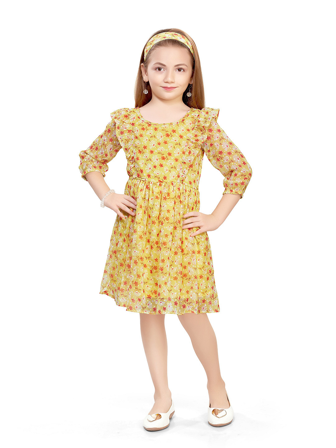 

Doodle Girls Floral Printed Georgette Dress With Hairband, Yellow
