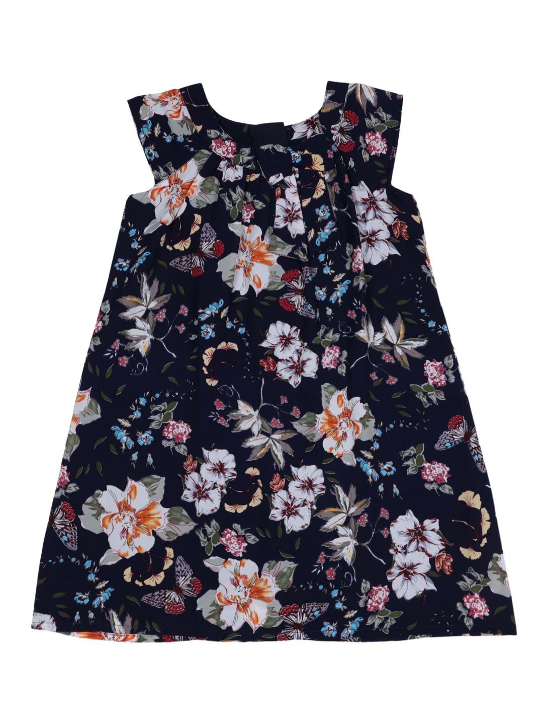 

Doodle Girls Floral Printed Pleated Satin A-Line Dress, Navy blue