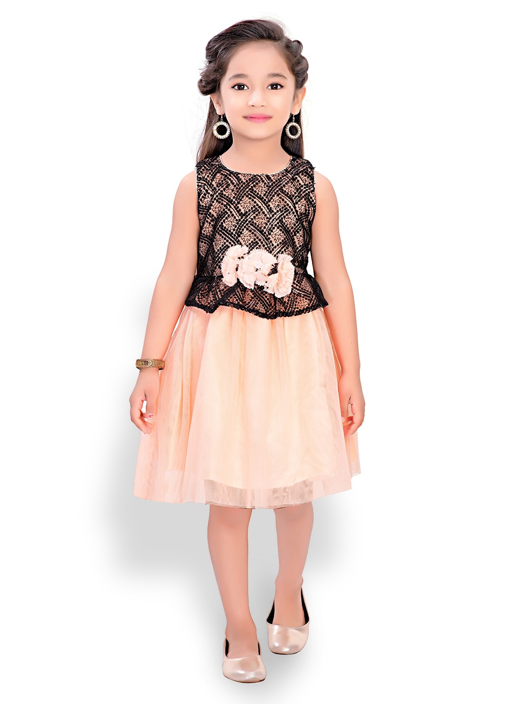 

Doodle Girls Self Design Embellished Net Dress, Peach