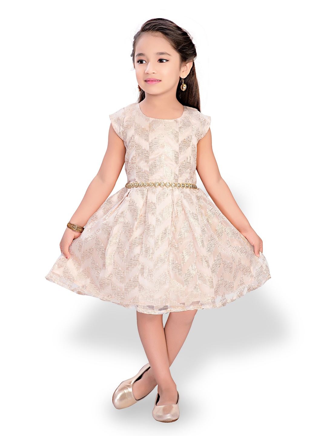 

Doodle Girls Self Design Net Dress, Gold