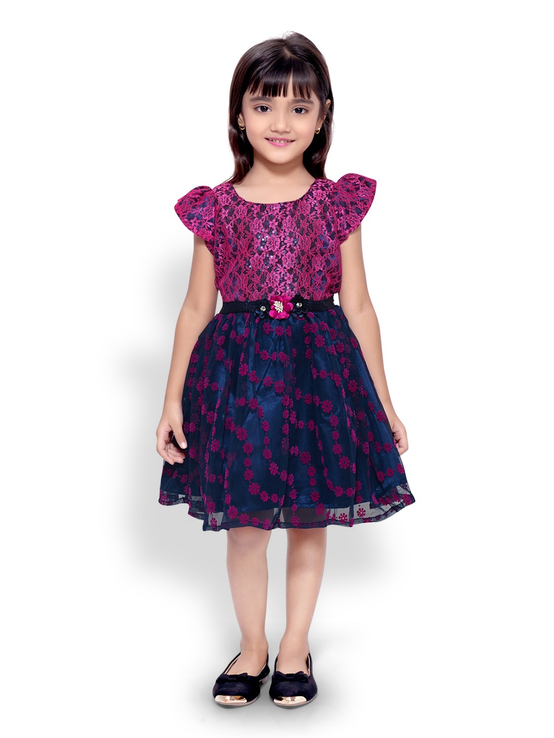 

Doodle Girls Floral Net Fit & Flare Dress, Navy blue