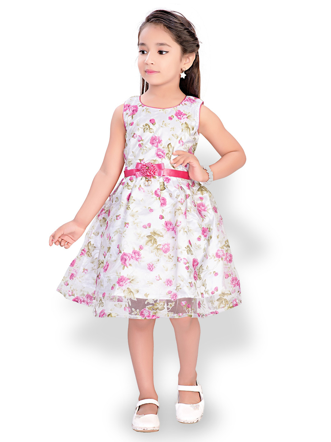 

Doodle Sleeveless Floral Printed Net Fit & Flare Dress, Pink