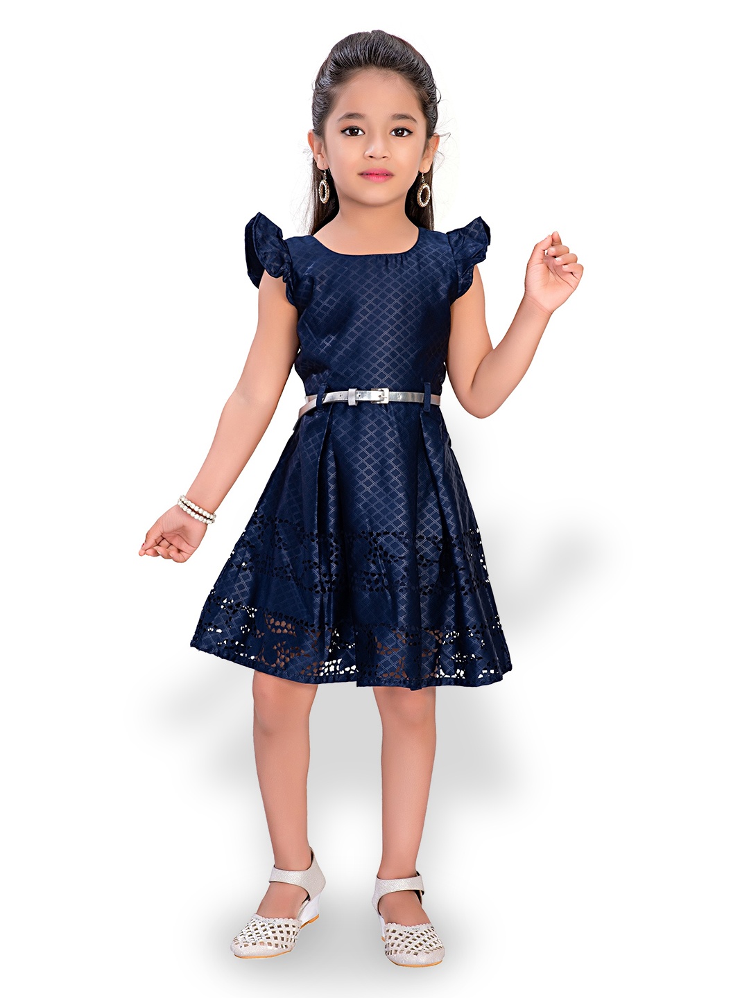 

Doodle Girls Round Neck Checked A-Line Dress, Navy blue