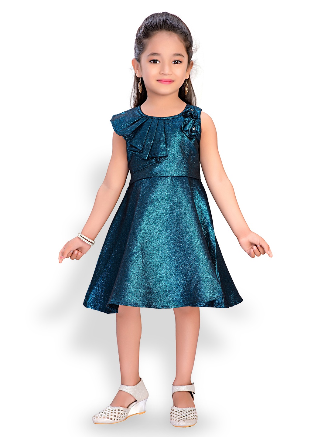 

Doodle Girls Round Neck Embellished Jacquard A-Line Dress, Blue