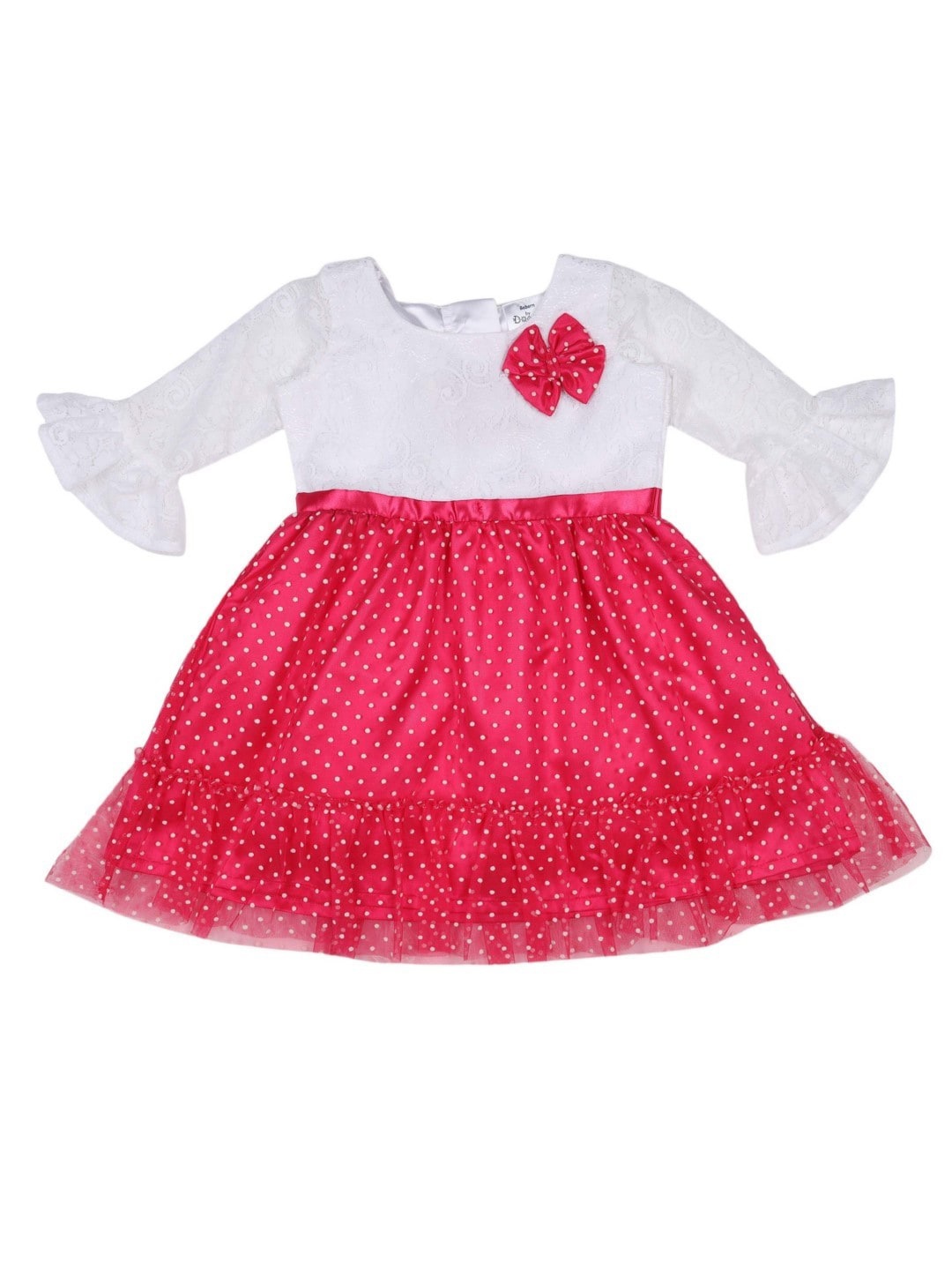 

Doodle Girls Polka Dot Printed Bell Sleeves Lace-Up Bow Detail Satin Fit & Flare Dress, Fuchsia