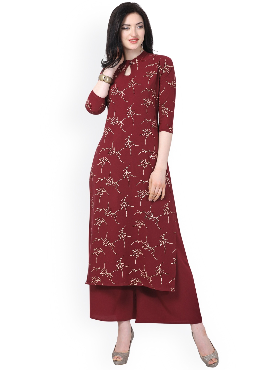 

NAINVISH Floral Printed Silk Crepe Kurta with Palazzos, Maroon
