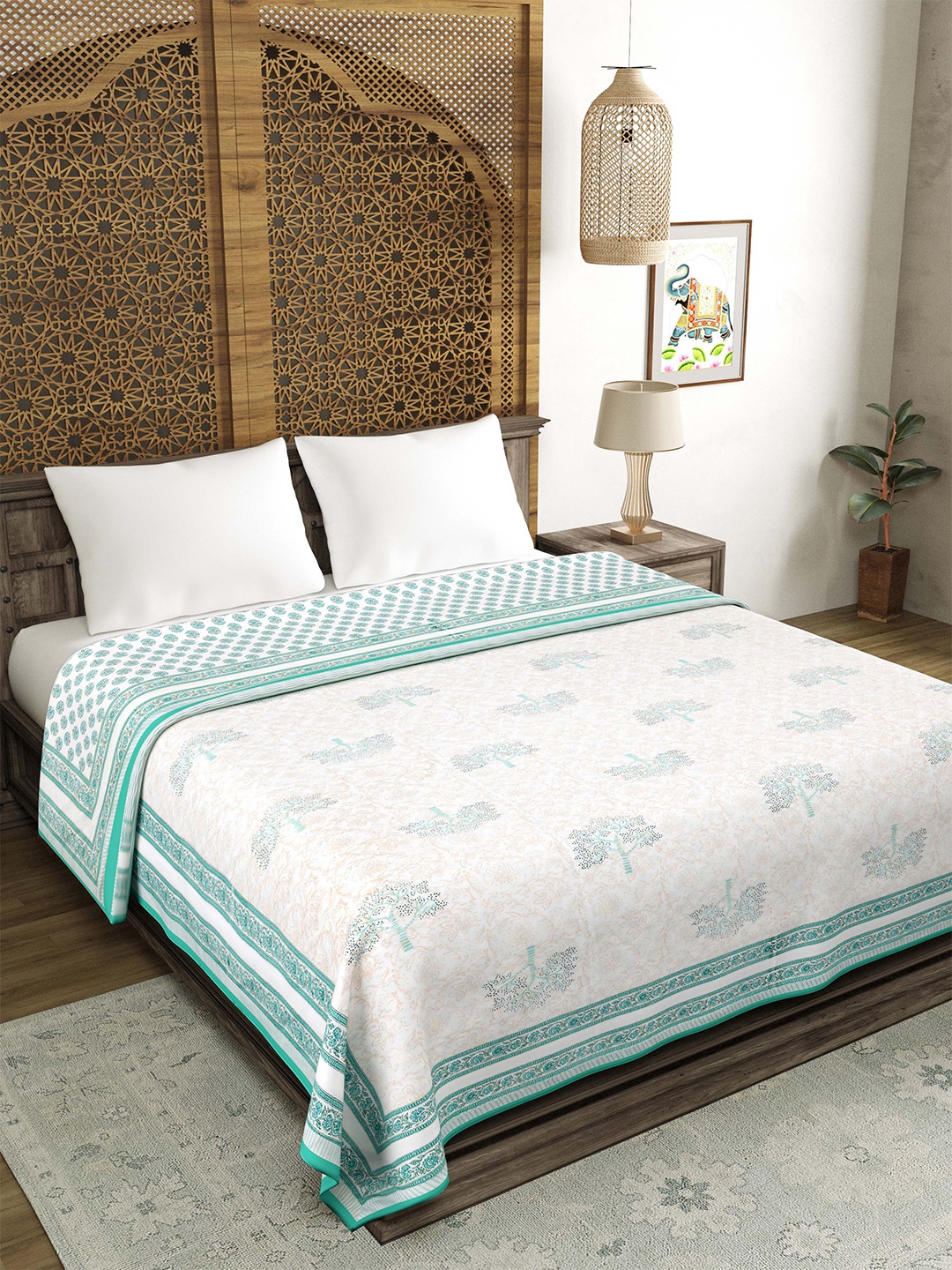 

BLOCKS OF INDIA White & Green Ethnic Motifs Pure Cotton AC Room 150 GSM Double Bed Dohar