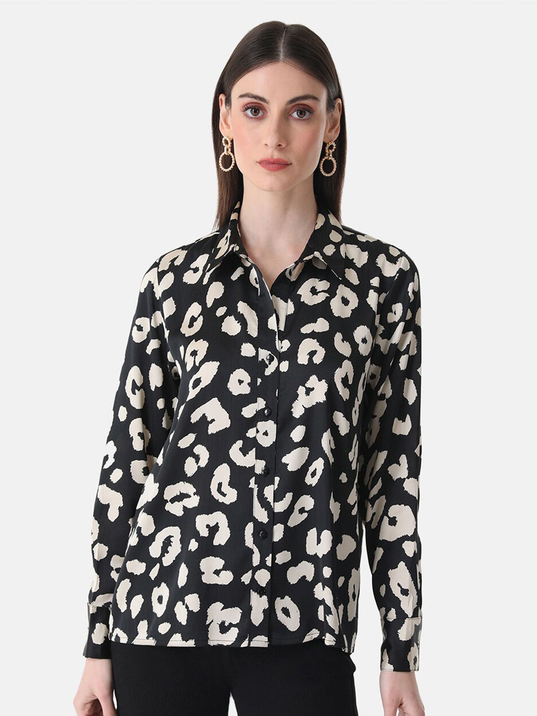 

Kazo Women Animal Printed Casual Satin Shirt, Black