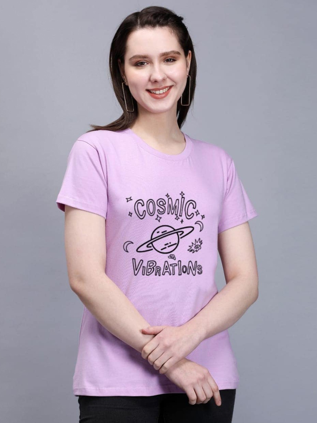 

TRENDY RABBIT Round Neck Typography Printed Cotton T-shirt, Lavender