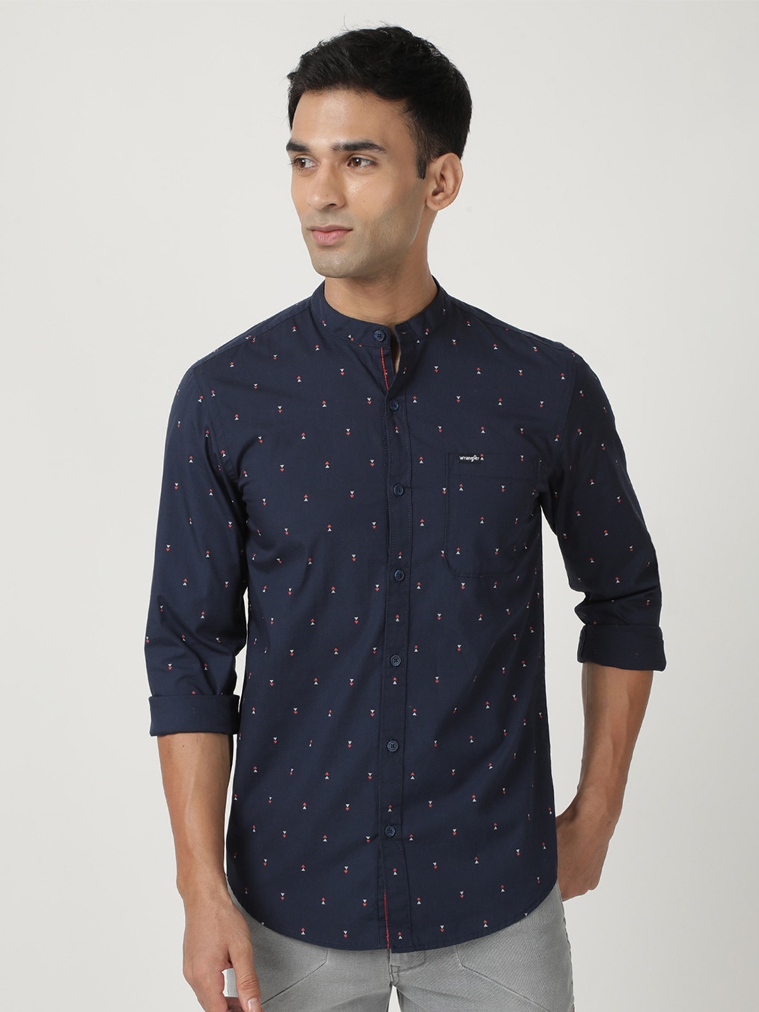 

Wrangler Slim Fit Printed Band Collar Cotton Casual Shirt, Navy blue