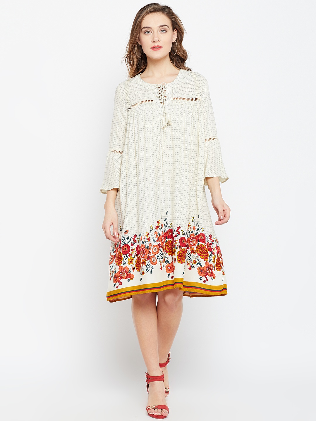 

Wills Lifestyle Women Cream-Coloured Floral Printed A-Line Dress
