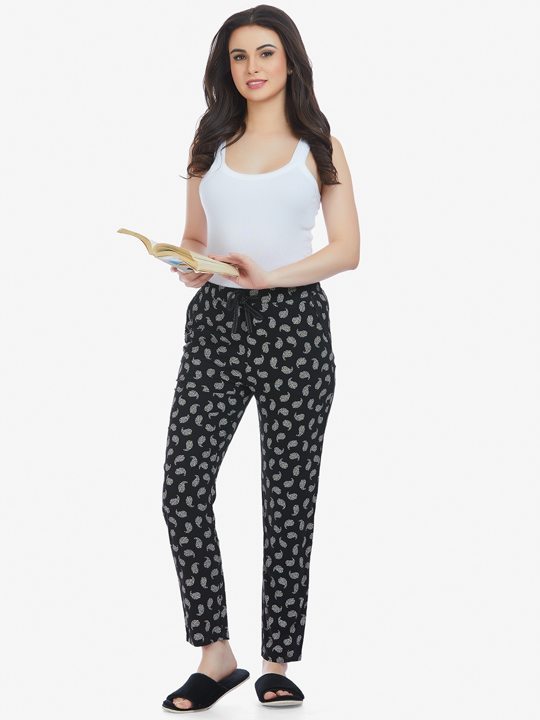 

MAYSIXTY Printed Cotton Lounge Pants, Black