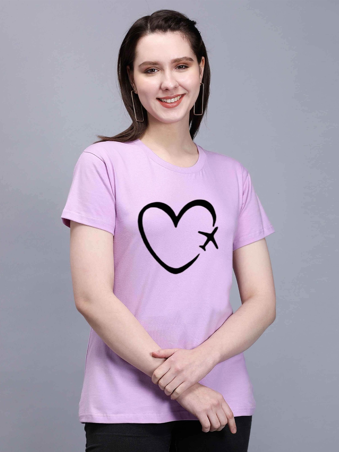 

TRENDY RABBIT Geometric Printed Round Neck Cotton T-shirt, Lavender
