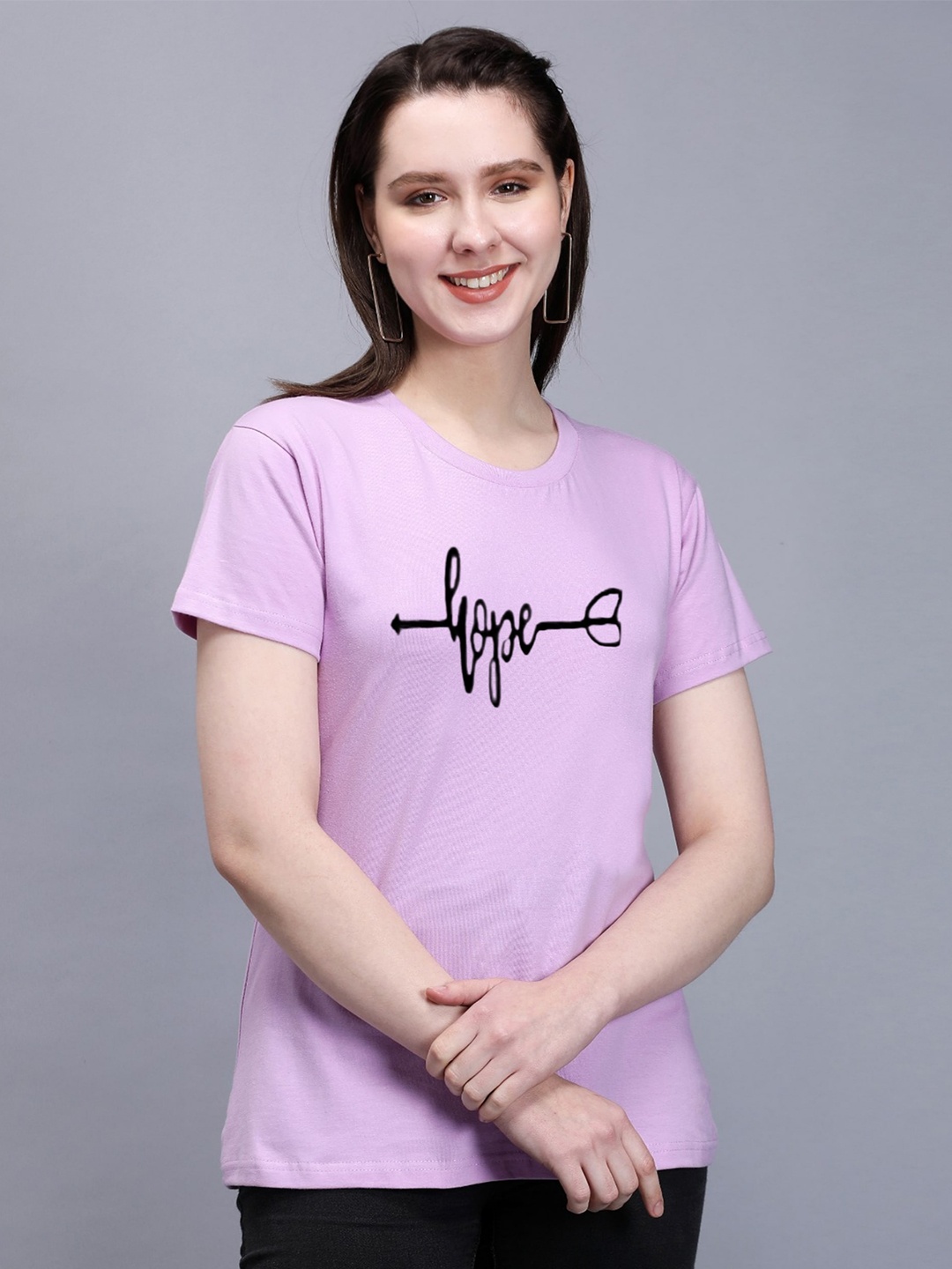 TRENDY RABBIT Typography Printed Cotton T-shirt, Lavender