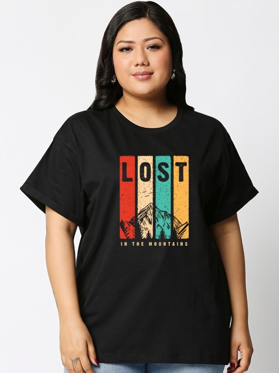 

Bewakoof Plus Women Plus Size Printed Drop Shoulder Cotton T-shirt, Black