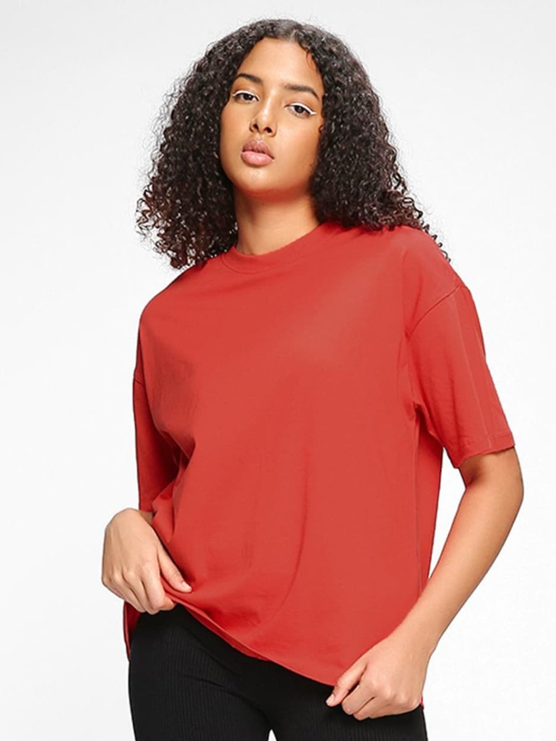 

Bewakoof Drop-Shoulder Sleeves Loose Fit Cotton T-shirt, Red