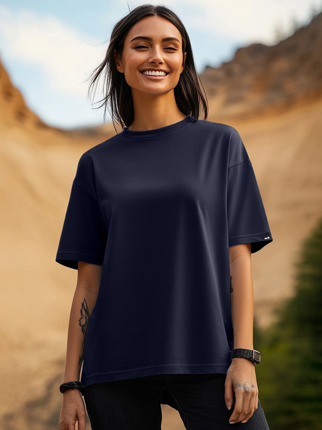 

Bewakoof Drop-Shoulder Sleeves Oversized T-shirt, Navy blue