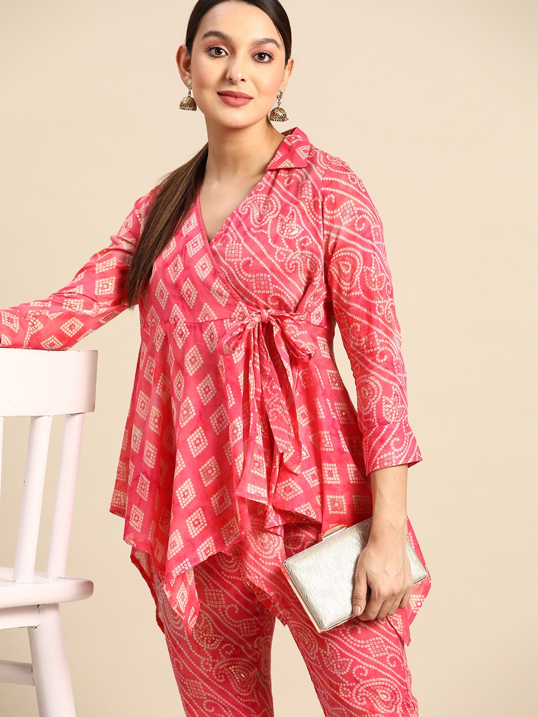 

Anouk Women Bandhani Foil Printed Angrakha Pure Cotton Top With Trousers, Pink