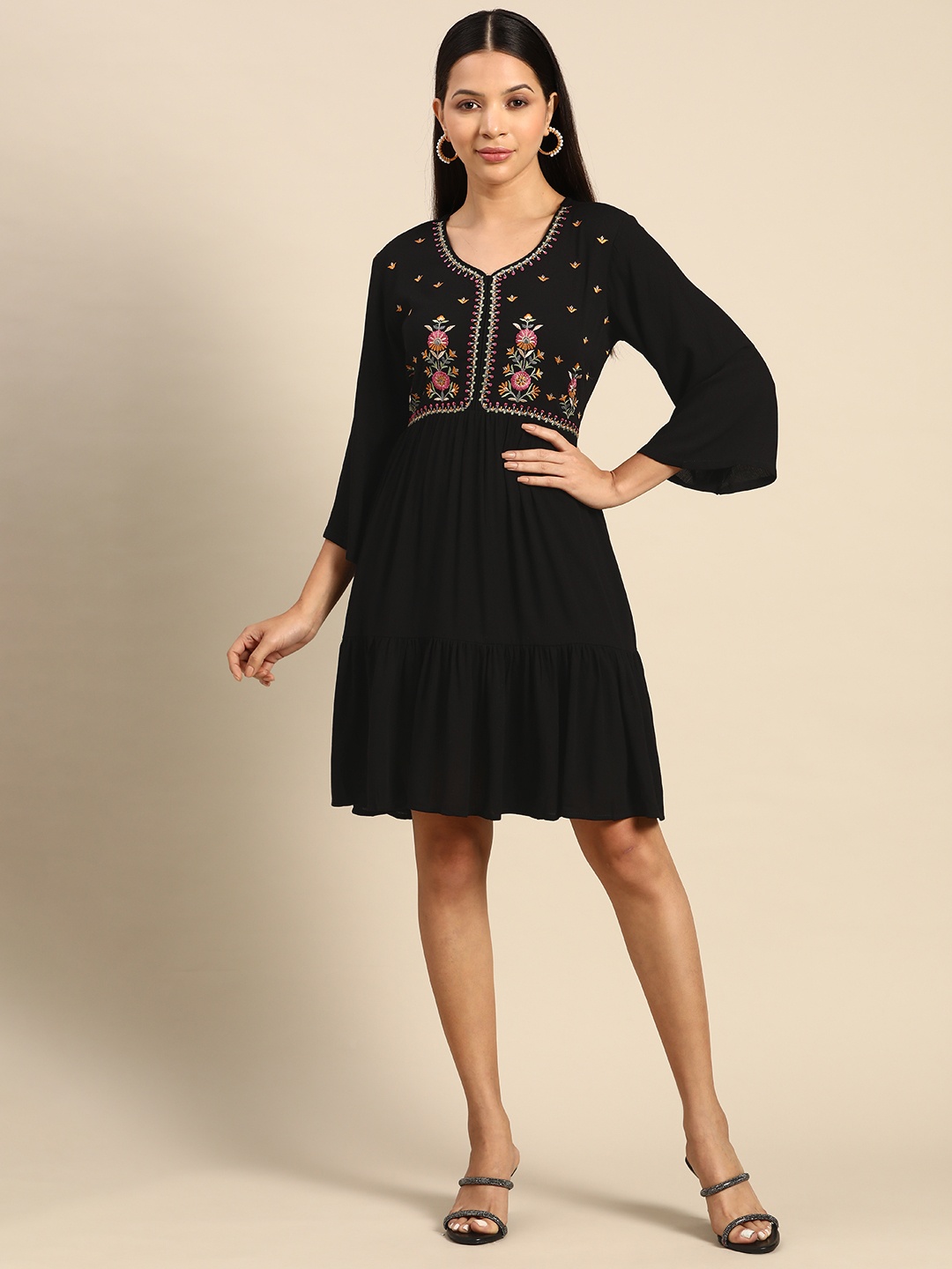 

INDYES Thread Work Embroidered A-line Dress, Black