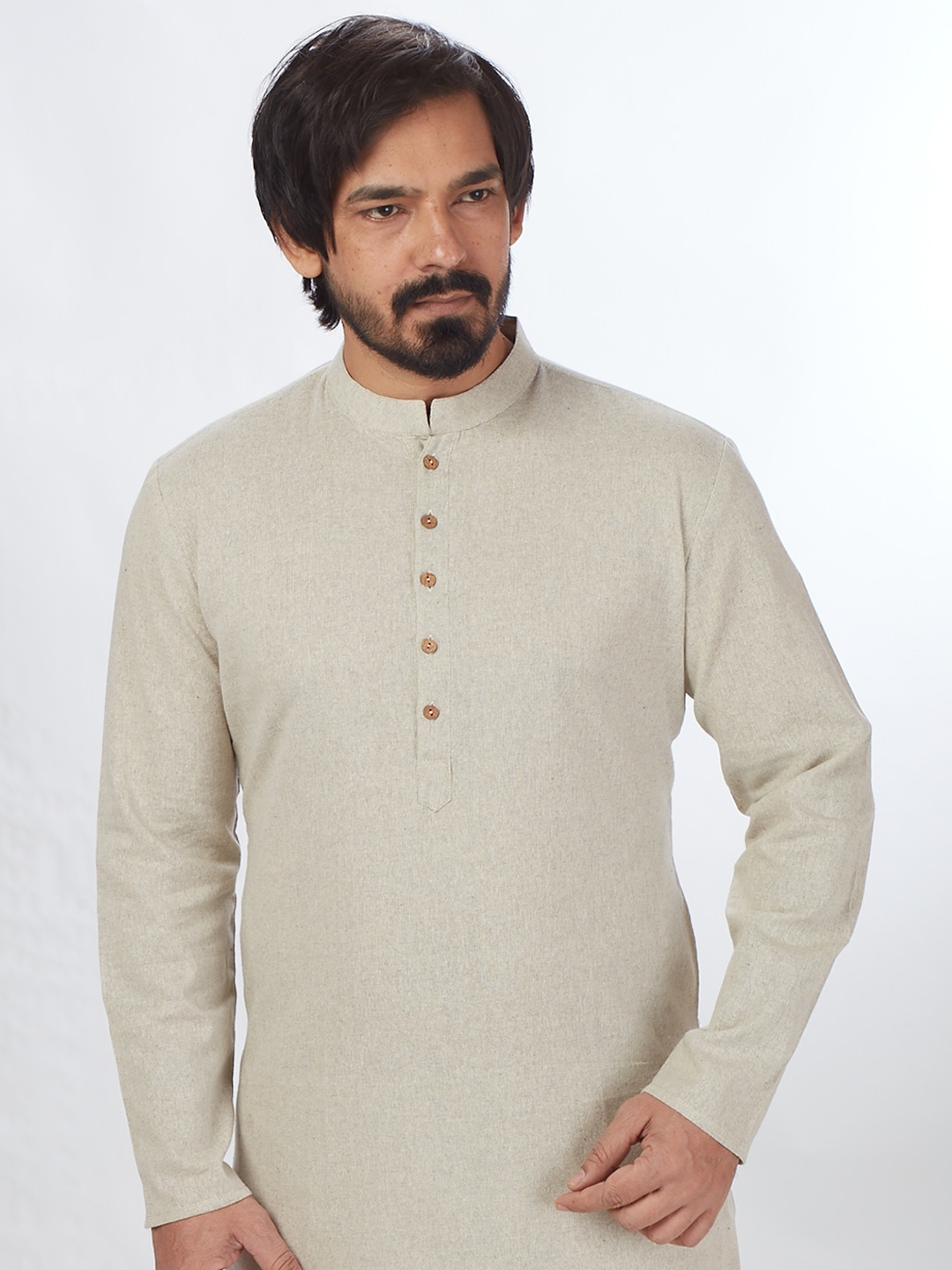 

Blacksmith Mandarin Collar Jacquard Cotton Kurta, Beige