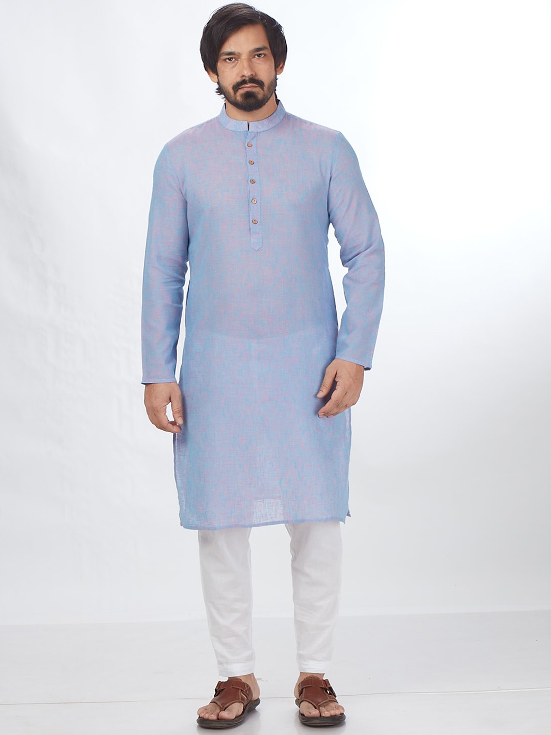

Blacksmith Mandarin Collar Jacquard Pure Cotton Kurta, Blue