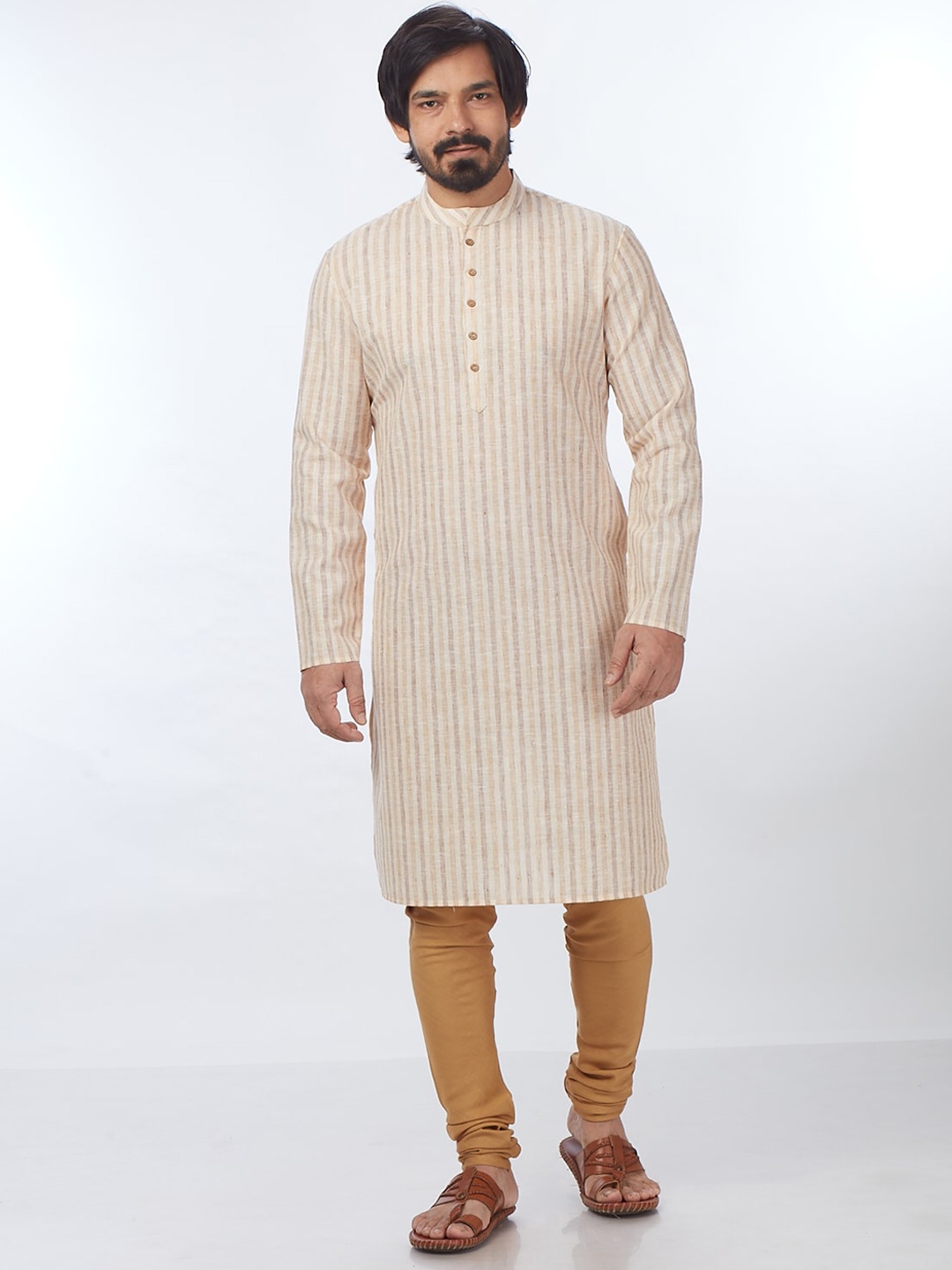 

Blacksmith Men Striped Mandarin Collar Pure Cotton Kurta, Beige