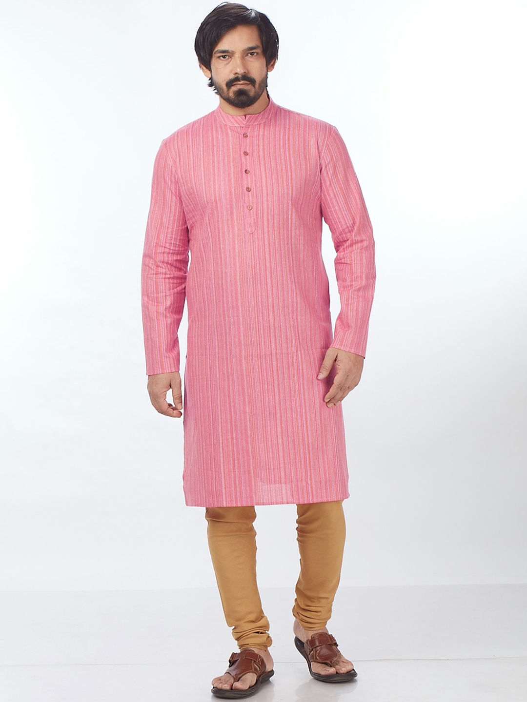 

Blacksmith Striped Mandarin Collar Jacquard Pure Cotton Kurta, Pink