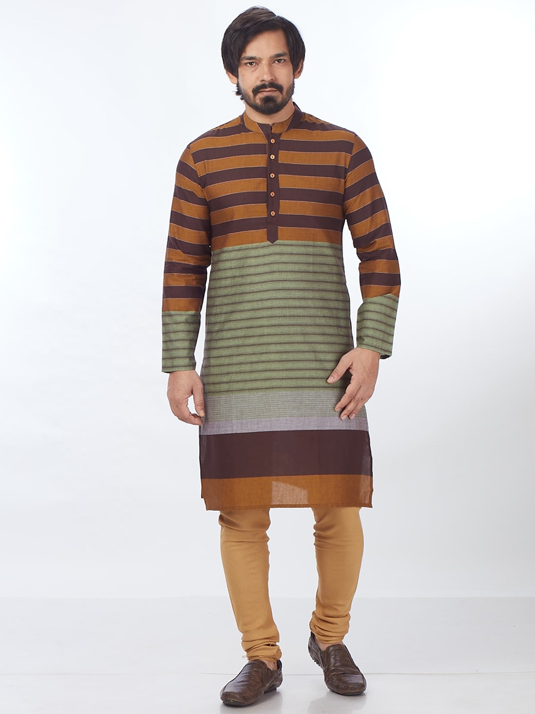 

Blacksmith Striped Mandarin Collar Pure Cotton Jacquard Kurta, Brown